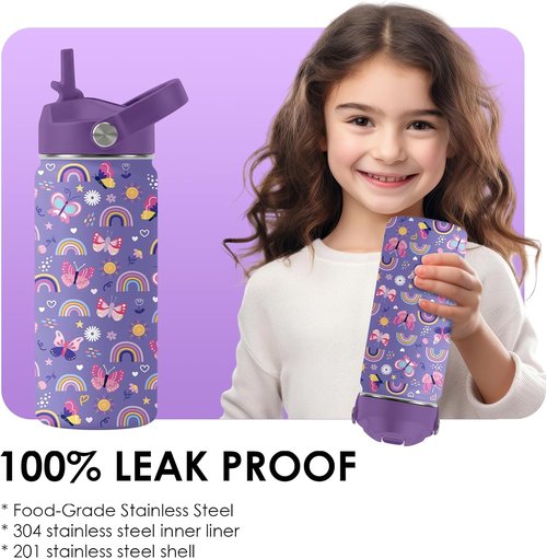 Butterfly Gifts 16oz Purple Kids Water Bottle - Insulated Stainless Steel, Leakproof & BPA-Free Tumbler for School & Travel
