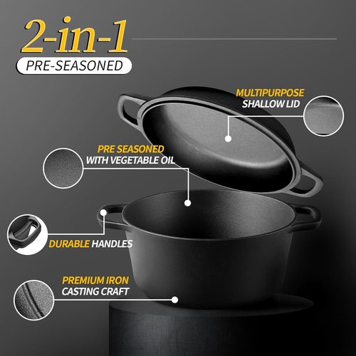 Edging Casting 2-in-1 Pre-Seasoned Cast Iron Dutch Oven & Skillet Lid | 7QT Cooking Pan for Baking & Frying