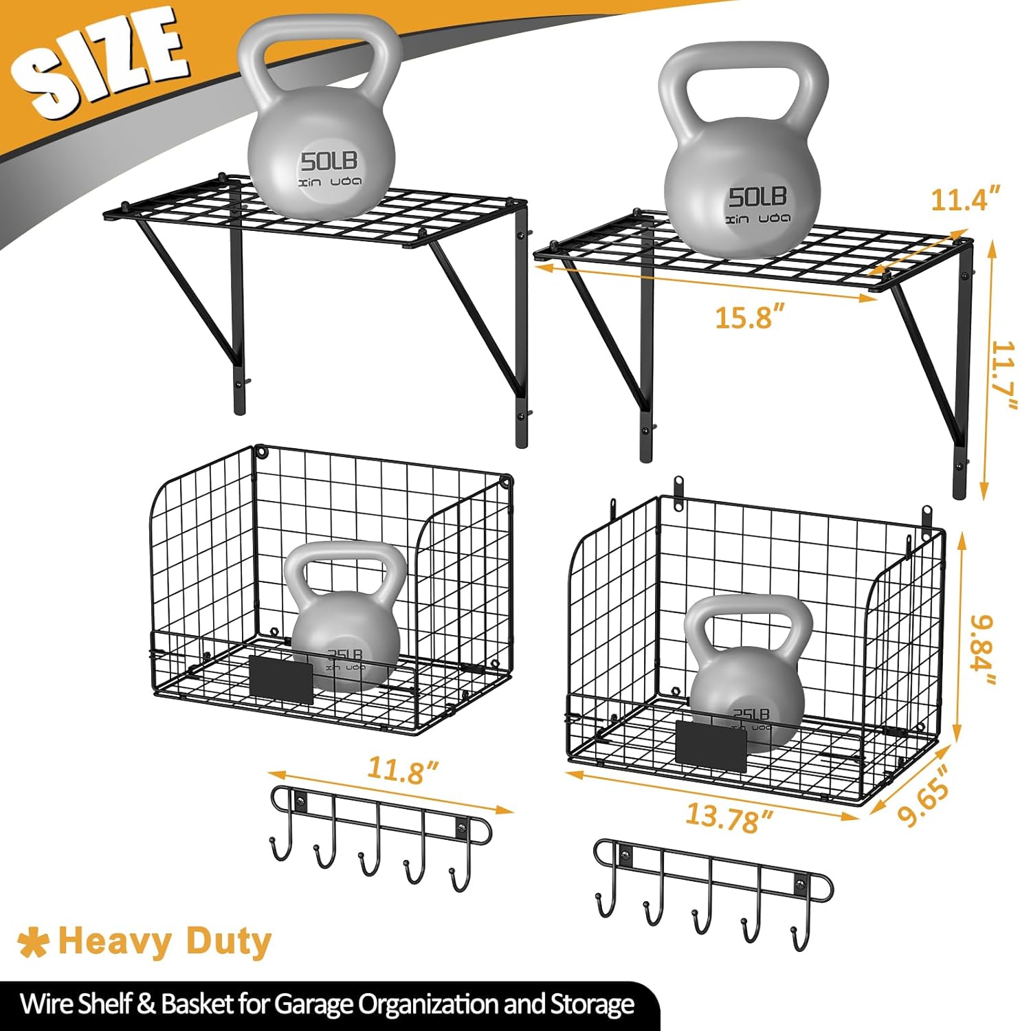 ThreeHio Garage Shelves - Heavy Duty Wall Mounted Shelving with Wire Baskets & Hooks | 2 Pack Tool Organizer