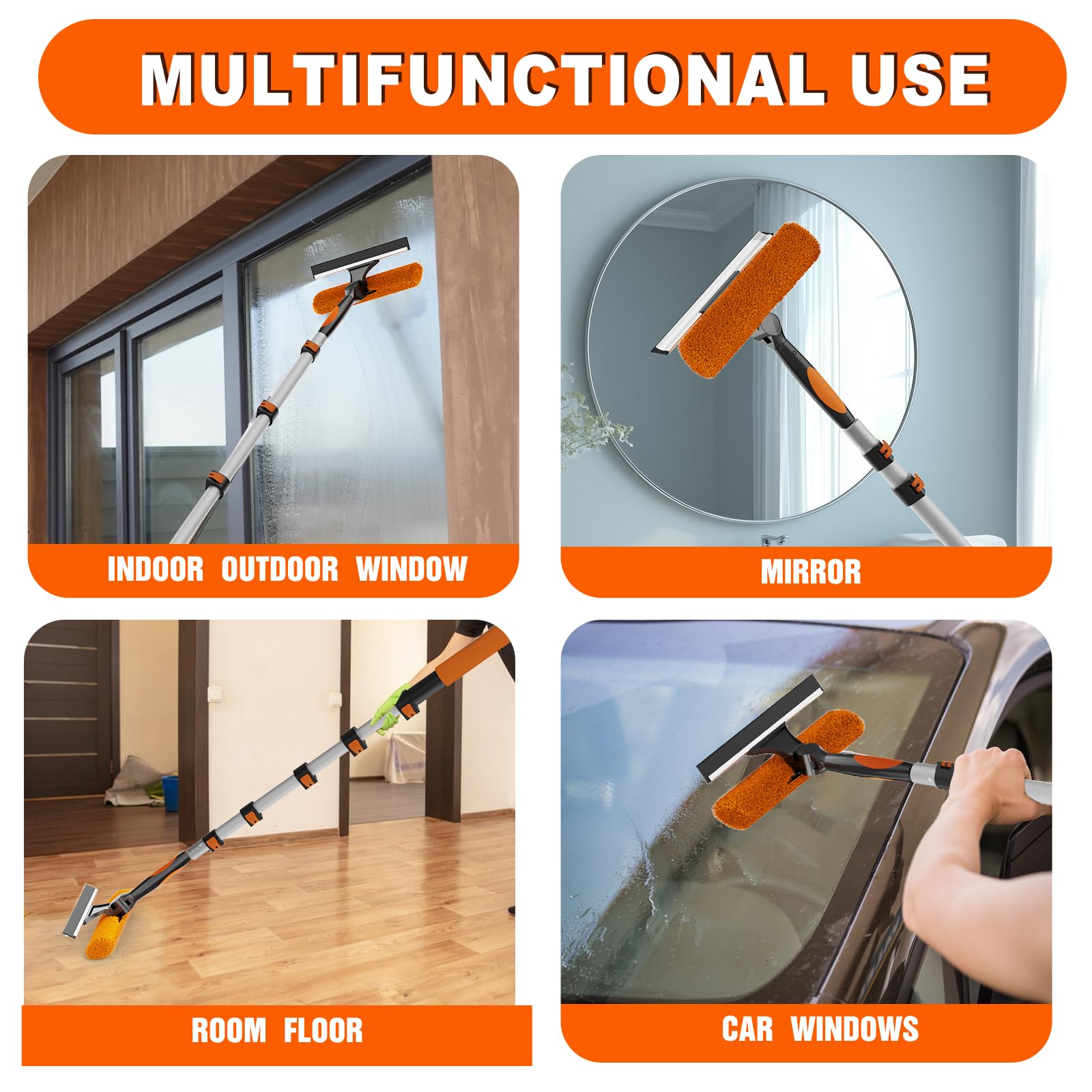 SISUPASSIE 30FT Reach 2-in-1 Window Squeegee, Professional Window Washing Kit with 5-24FT Extension Pole for Home, Indoor Outdoor Squeegee with Rotatable Head for High Windows