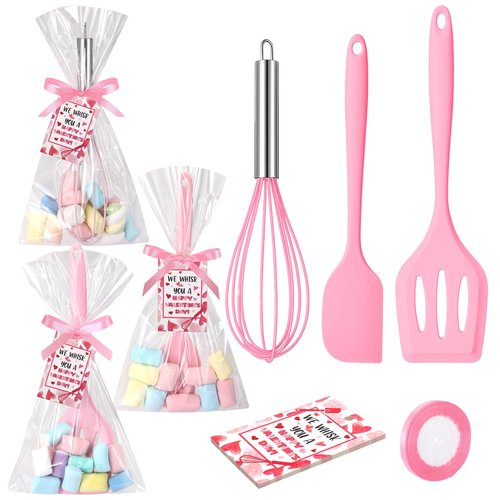 Jingmore 10 Pcs 3 Set Valentine Day Whisk Baking Gifts Pink Kitchen Utensil Gifts Set Silicone Spatula Slotted Spatula Stainless Steel Whisk with Tag Clear Bag for Cook(Pink,Valentine's Day)