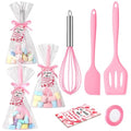 Jingmore 10 Pcs 3 Set Valentine Day Whisk Baking Gifts Pink Kitchen Utensil Gifts Set Silicone Spatula Slotted Spatula Stainless Steel Whisk with Tag Clear Bag for Cook(Pink,Valentine's Day)