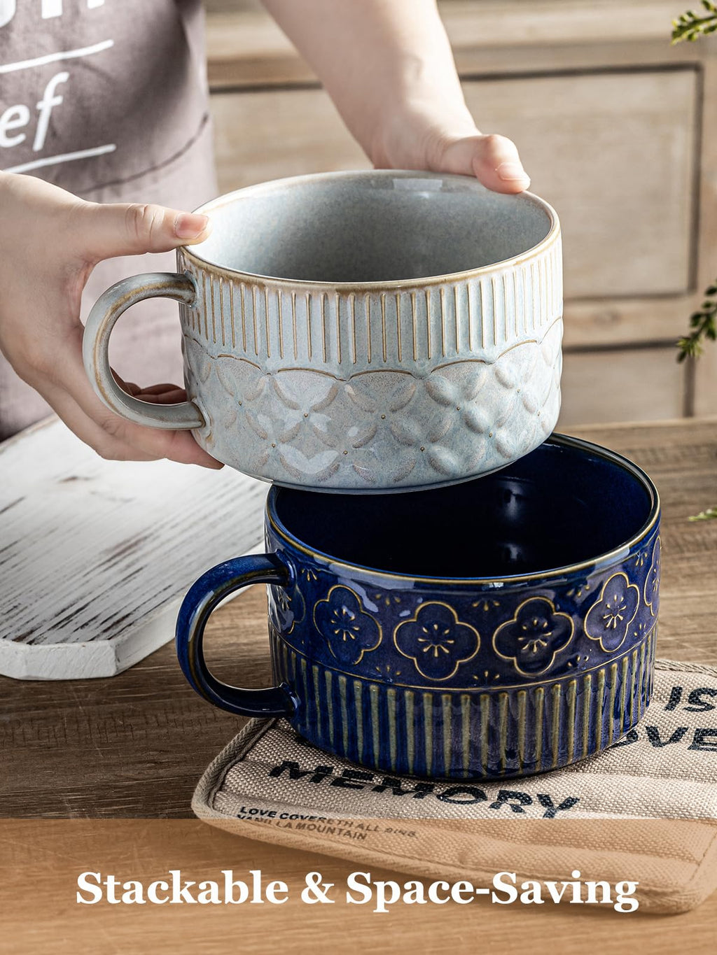 Gomakren Extra Large Soup Bowl with Handle, 39 Ounces Microwave Ramen Bowl, Ceramic Bowl with Lid for Father's Day, 6 Inch Soup Mug Cup for Cereal, Ramen, Instant Noodle, Cobalt Blue