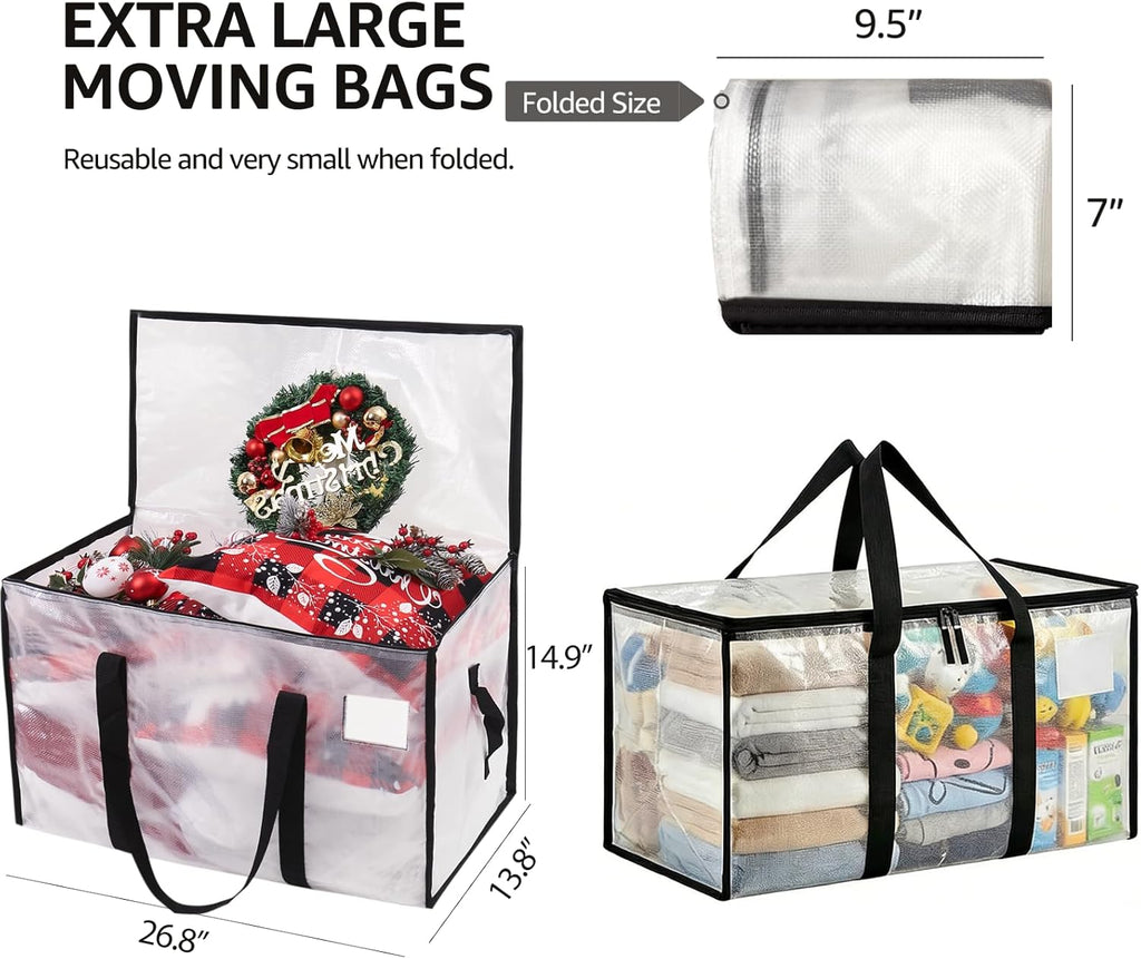 Skiennix Heavy-Duty Moving Bags - Extra Large Clear Storage Bins with Lids | 6 Pack for Clothes