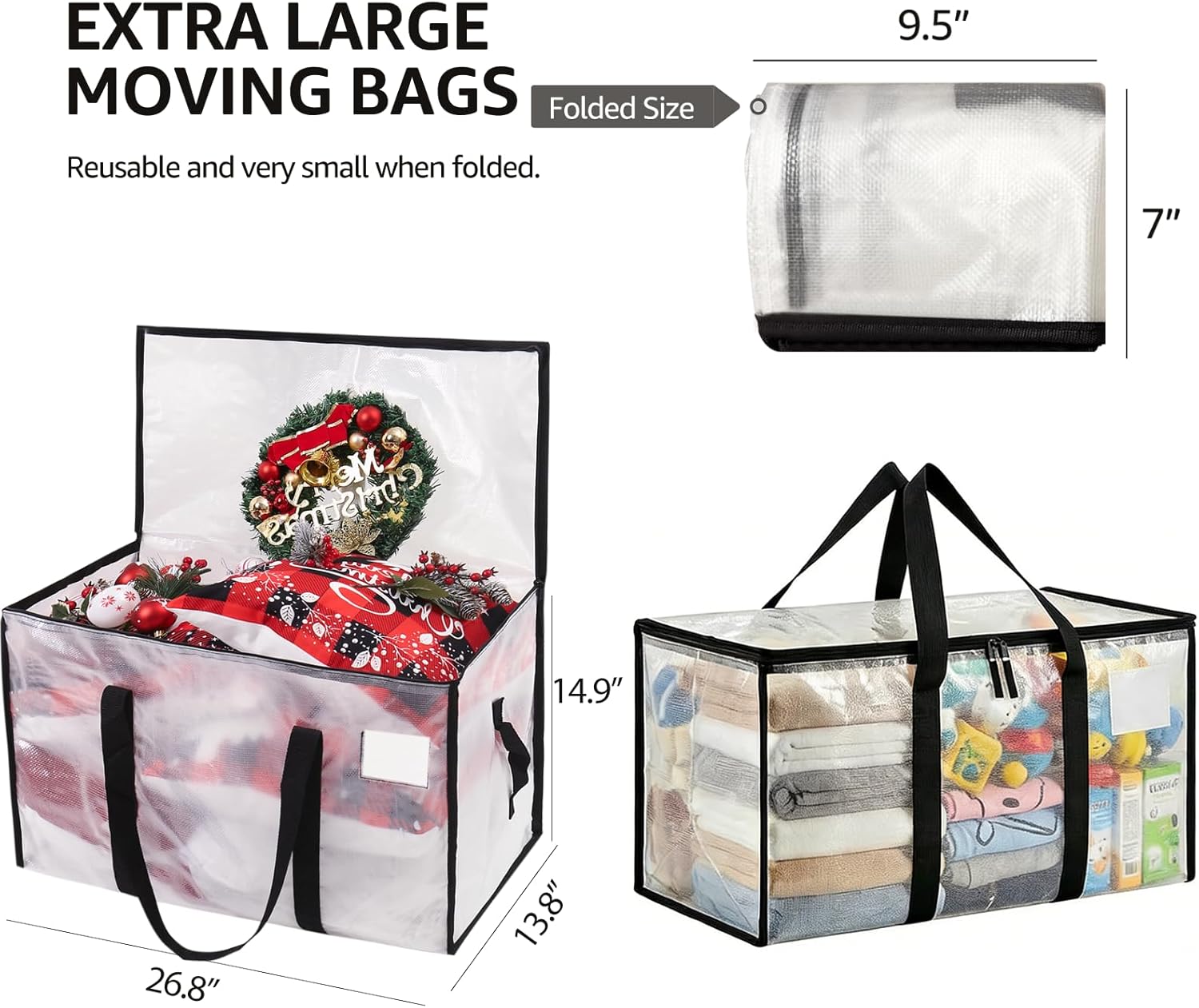 Skiennix Heavy-Duty Moving Bags - Extra Large Clear Storage Bins with Lids | 6 Pack for Clothes