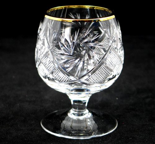 SET of 6 Russian Cut Crystal Cognac Scotch Whiskey Stemmed Snifter Goblet Glass, 24K Gold Rimmed 5 Oz. Vodka Liquor Old-fashioned Glassware Hand Made