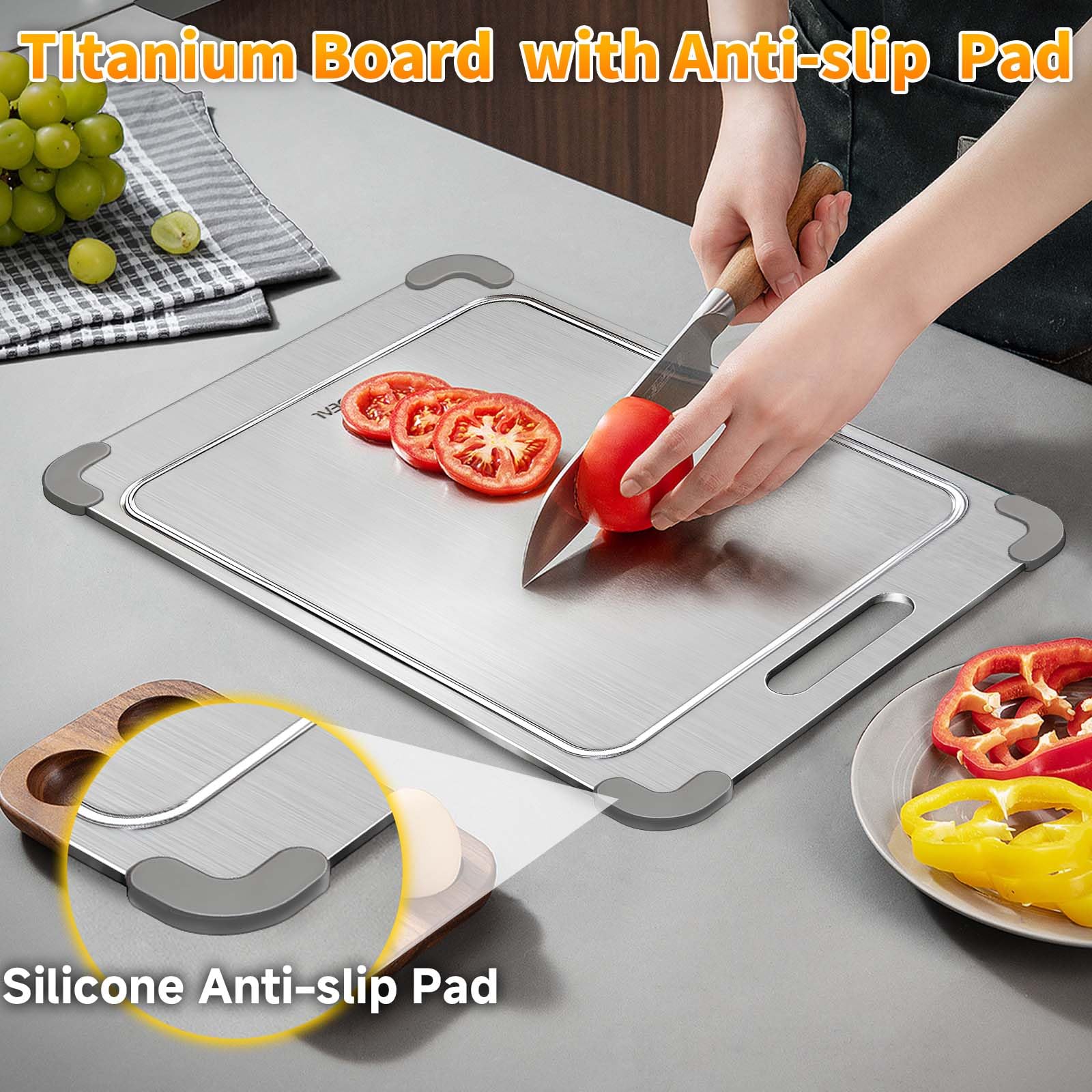 ZYBIDEAL 100% Pure Titanium Cutting Board with Grooves, Update Double Side Titanium Chopping Board, Silicone Anti-slip Stainless Cutting Boards for Kitchen 9 * 13 IN, Orange