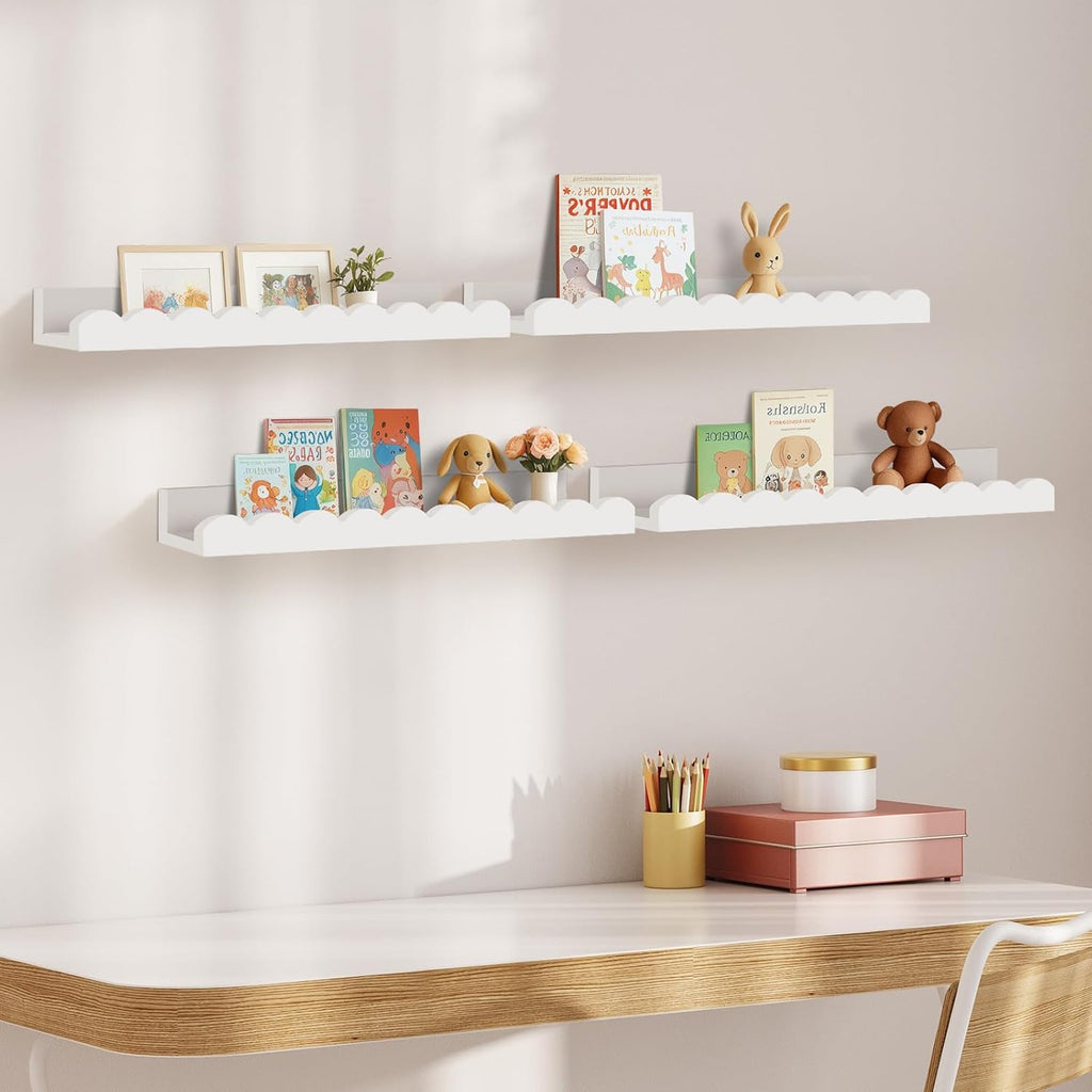Yirilan 4-Pack Floating Nursery Shelves - Scalloped Design for Kids' Rooms | White Finish