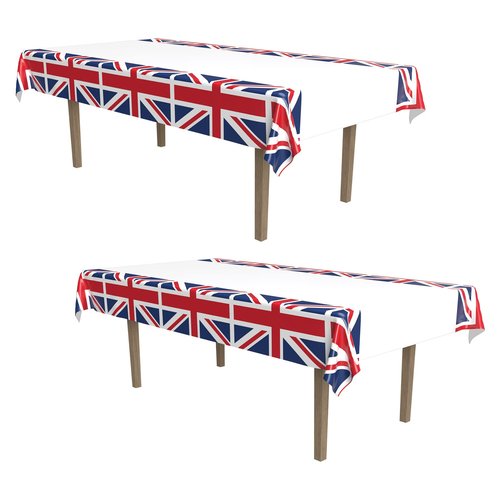 Beistle 2-Pack Union Jack Rectangular Plastic Tablecovers, Royal English Party Decorations, London Table Cloth, British Flag Party Décor, 54” x 108”