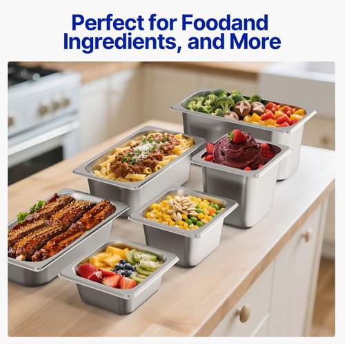 ENCYS 1/3 Hotel Pans 6 inch Deep Stainless Steel Steam Table Food Pan Commercial Metal Food Catering Tray Anti Jam for Hotel Restaurant Buffet Party Supplies(Set of 6)