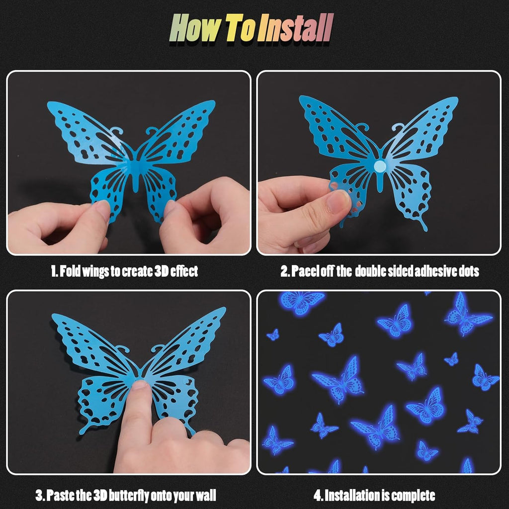 SAOROPEB Glow In The Dark Butterfly Stickers - 24 Pcs in 3 Sizes for Ceiling & Wall Decor | Luminous Kids' Nursery Decor (Blue)