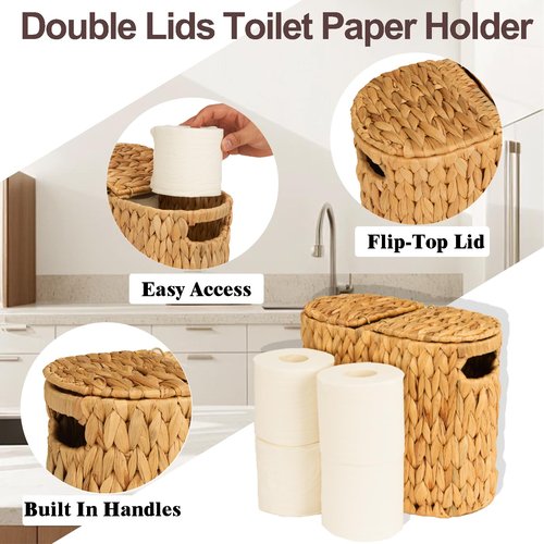 FairyHaus Wicker Toilet Paper Storage Basket with Lid & Handles, 4 Rolls Handwoven Toilet Paper Holder with Storage, Natural Water Hyacinth Toilet Paper Holder Stand Basket for Bathroom