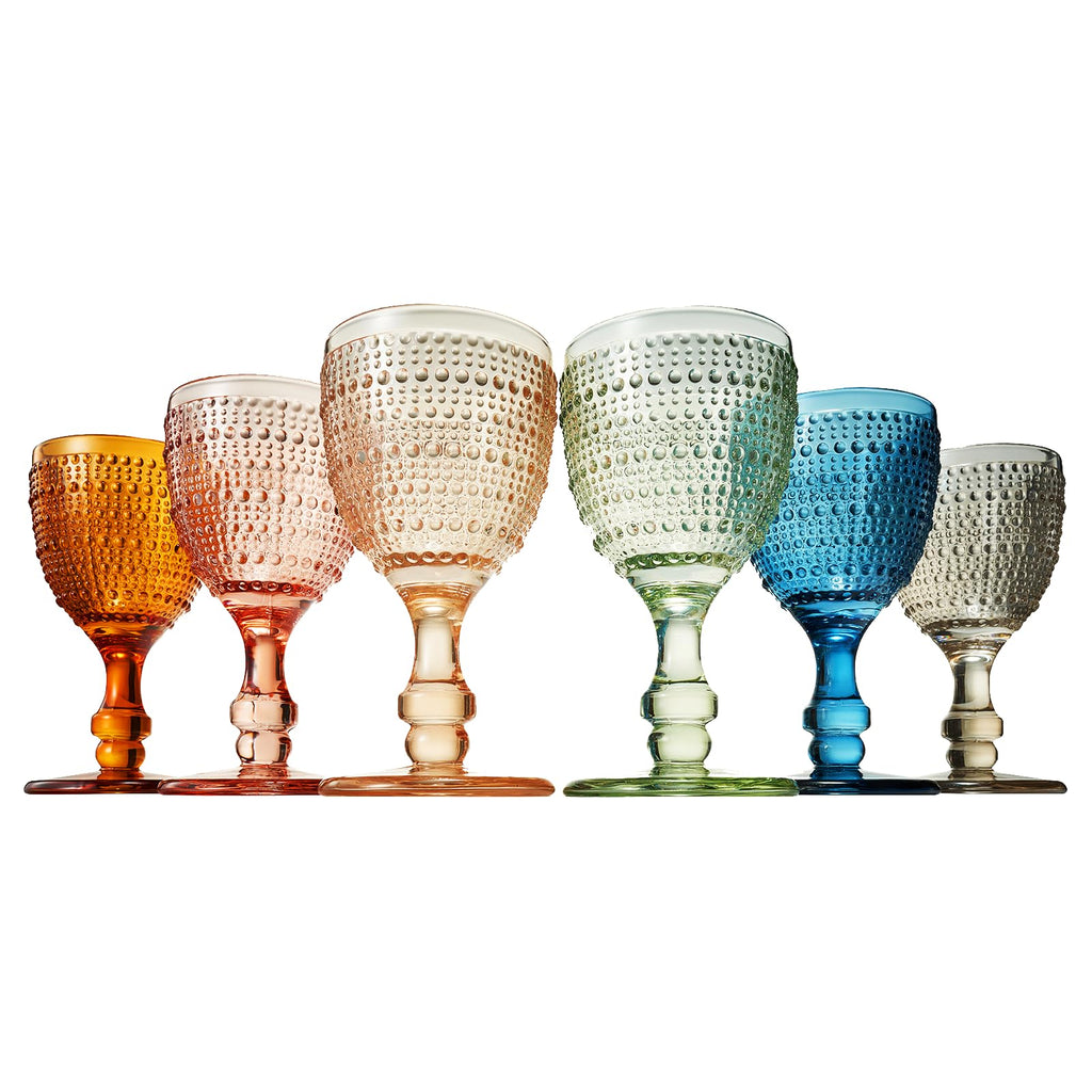 Khen Beaded Goblet Wine Drinking Glasses Set | Set of 6 | Vintage Hobnail Bubble Design Red or White Glassware, Old-Fashioned, Art Deco Glass for Water, Wine, Cocktail Dishwasher Safe (14.8 OZ)