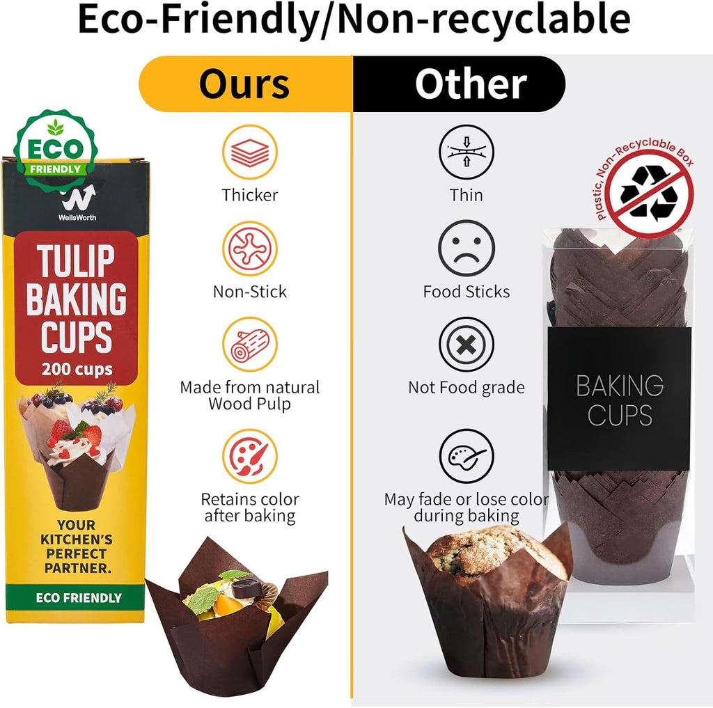 Skiennix Tulip Cupcake Liners - 200PCS Unbleached Food Grade Greaseproof Muffin Wrappers for Baking & Parties