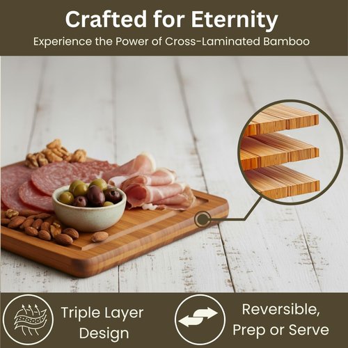Bamboo Cutting Board Set - 3-Piece Wooden Chopping Boards with Deep Juice Grooves & Built-In Handles
