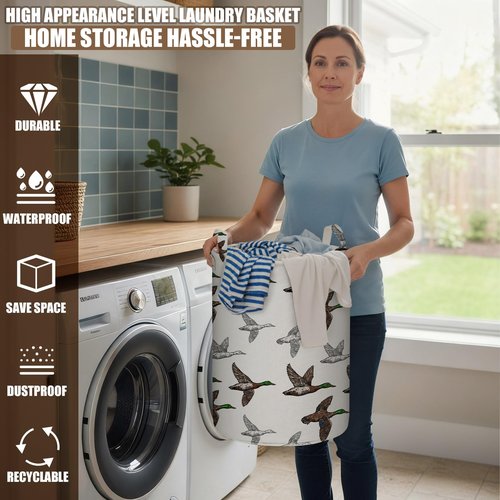 Weysat 4 Pcs Mallard Duck Laundry Basket Round Laundry Hamper Easter Basket Stuffer Waterproof Collapsible Clothes Storage Bin Organizer with Handles for Home Closets Bedrooms Nursery Room Decor