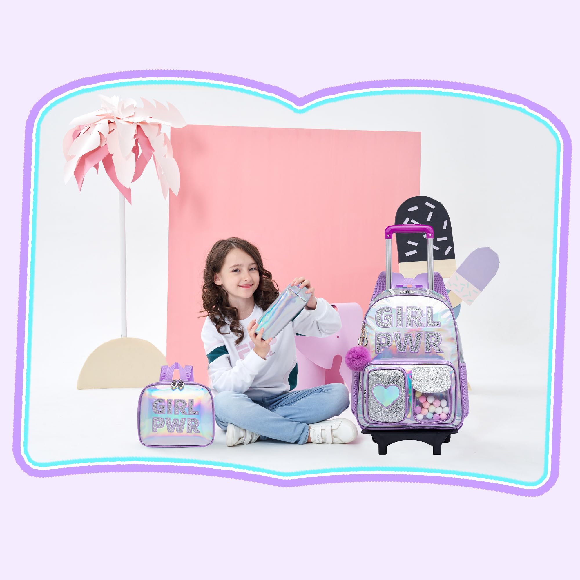Meetbelify Rolling Backpack for Girls Backpack with Wheels for Elementary Student Kids School Bag with Lunch Box Pencil Case for Girls Ages 6-8 Years Old