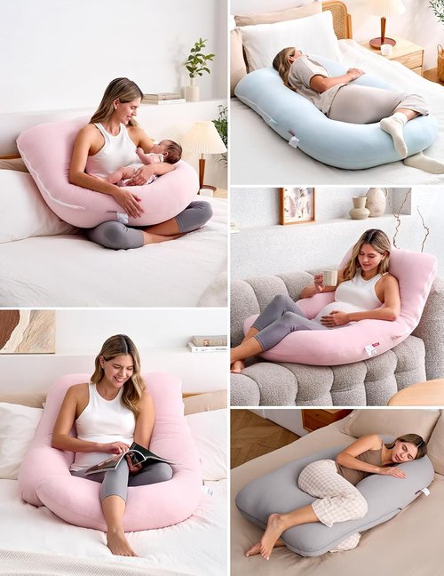 Momcozy U-Shaped Pregnancy Pillow - Full Body Maternity Support for Side Sleeping | 57 Inch, Pink
