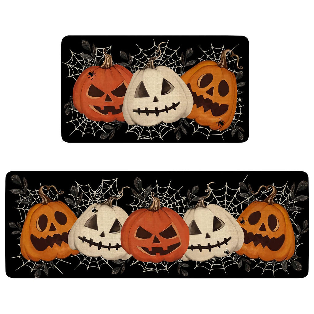 Faptoena Halloween Kitchen Rugs Set of 2,Black Pumpkin Spider Web Kitchen Mats for Floor, Halloween Non-Slip Washable Sink Mats Home Decor Doormat+Runner Rug