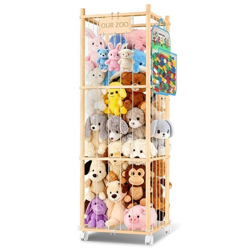DUOQNY Stuffed Animal Storage, 54-Inch Wooden Large Toy Storage Organizer with Bag & A Cloth Underneath - Holds Plush Toys, Small Objects for Kids Bedroom, Nursery, Playroom - Gift for Children