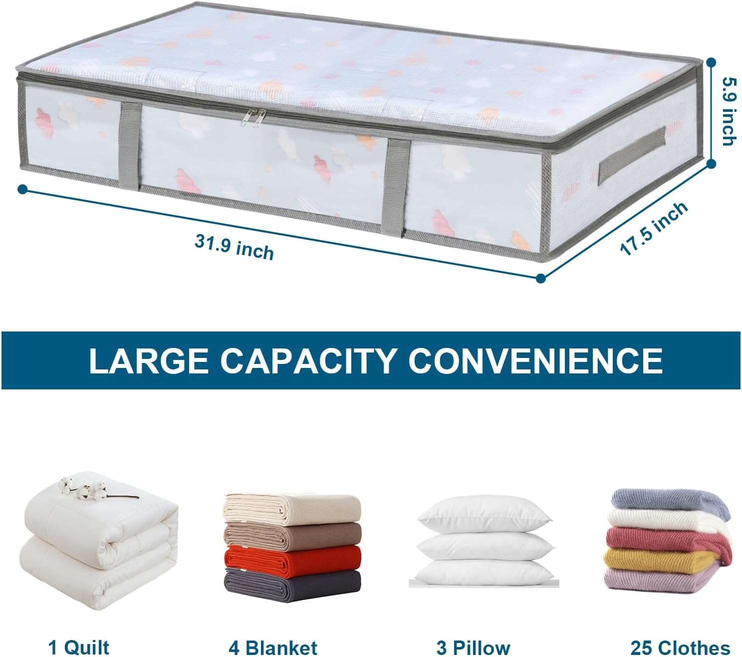 Skiennix Under Bed Storage Containers - Humid-Proof Plastic Bins with Handles | 4 Pack for Organizing Clothes and Blankets