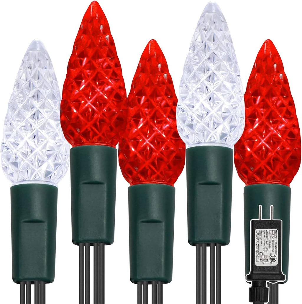 Waterglide C6 Fairy Lights - 100 LED 33ft Waterproof String Lights with 8 Modes | Green Wire, White & Red