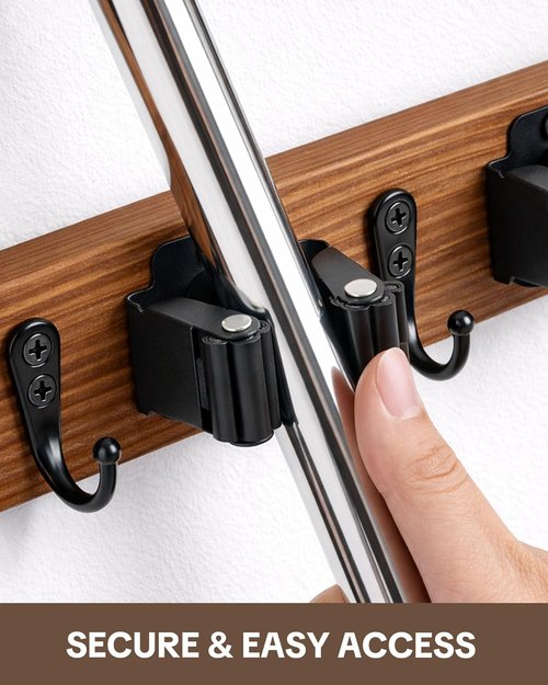 Lorbro Broom Holder Wall Mount - 2 Pack Wooden Mop Organizer with 4 Slots & Hooks for Garage, Kitchen, Laundry Room
