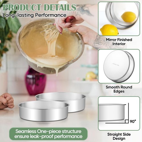 TeamFar 7 Inch Cake Pan Set of 3, Stainless Steel Round Layer Cake Baking Pans Tins for Birthday Wedding, Non-Toxic & Heavy-Duty, Mirror Finish & Leak Proof, Oven & Dishwasher Safe