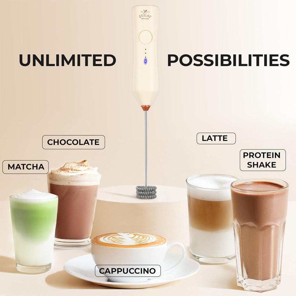 Zulay Kitchen Rechargeable Milk Frother - 3 Speeds & 3 Whisk Attachments - USB Charging for Lattes & Cappuccinos - Cream Copper