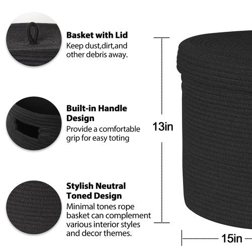 HONCESTA Storage Basket with Lid, 15” x 13” Lidded Blanket Basket Living Room, Black Woven Baskets for Storage, Nursery Kids Cotton Rope Toy Bin Box with Cover, Wicker Laundry Basket Pillow Holder