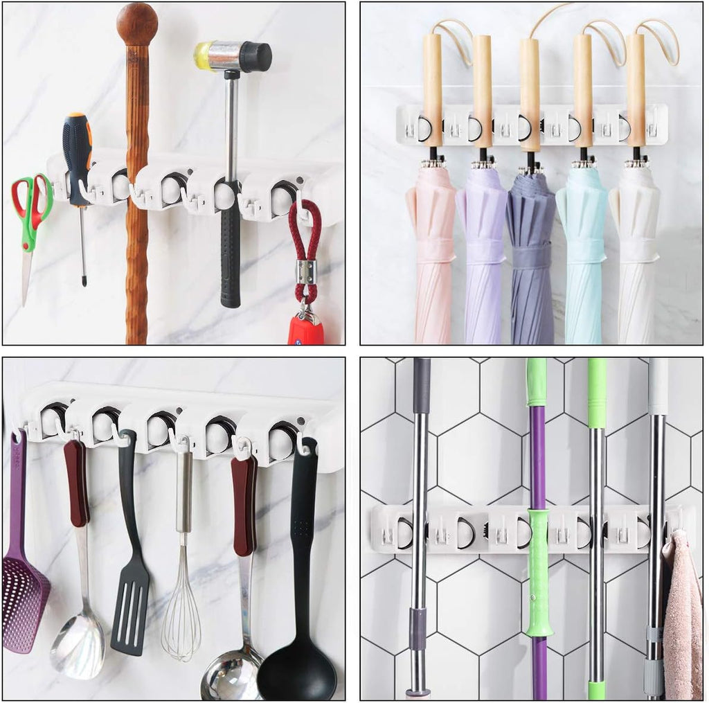 Tangkula Wall Mount Broom Holder - 5 Slot Organizer with 6 Hooks for Home, Kitchen & Garage (White)