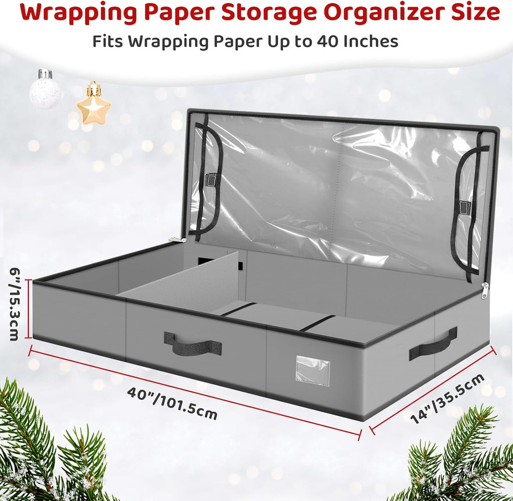BlessedSeason Wrapping Paper Storage Organizer - Holds 40-Inch Rolls with 2 Pockets for Holiday Accessories | Grey