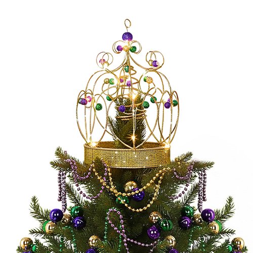 JolliLudo Mardi Gras Light up Jeweled Crown Tree Topper, 10.6" Mardi Gras Tree Glittered Ornament with Beads Battery Powered Warm Light, Metal Xmas Carnivals Spring Decorations for Holiday Decor