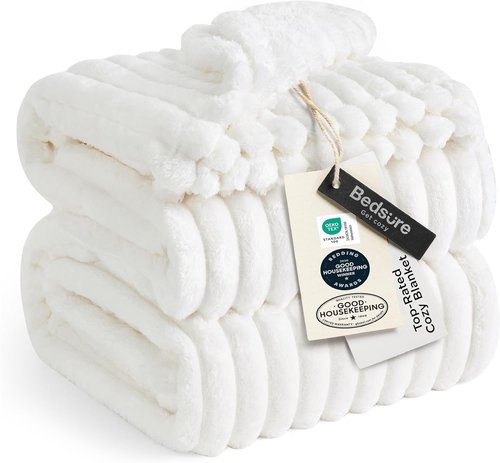 Bedsure GentleSoft Blankets - Cozy Queen Size Fleece Throw for Bed & Sofa, Off White, 90x90 Inches