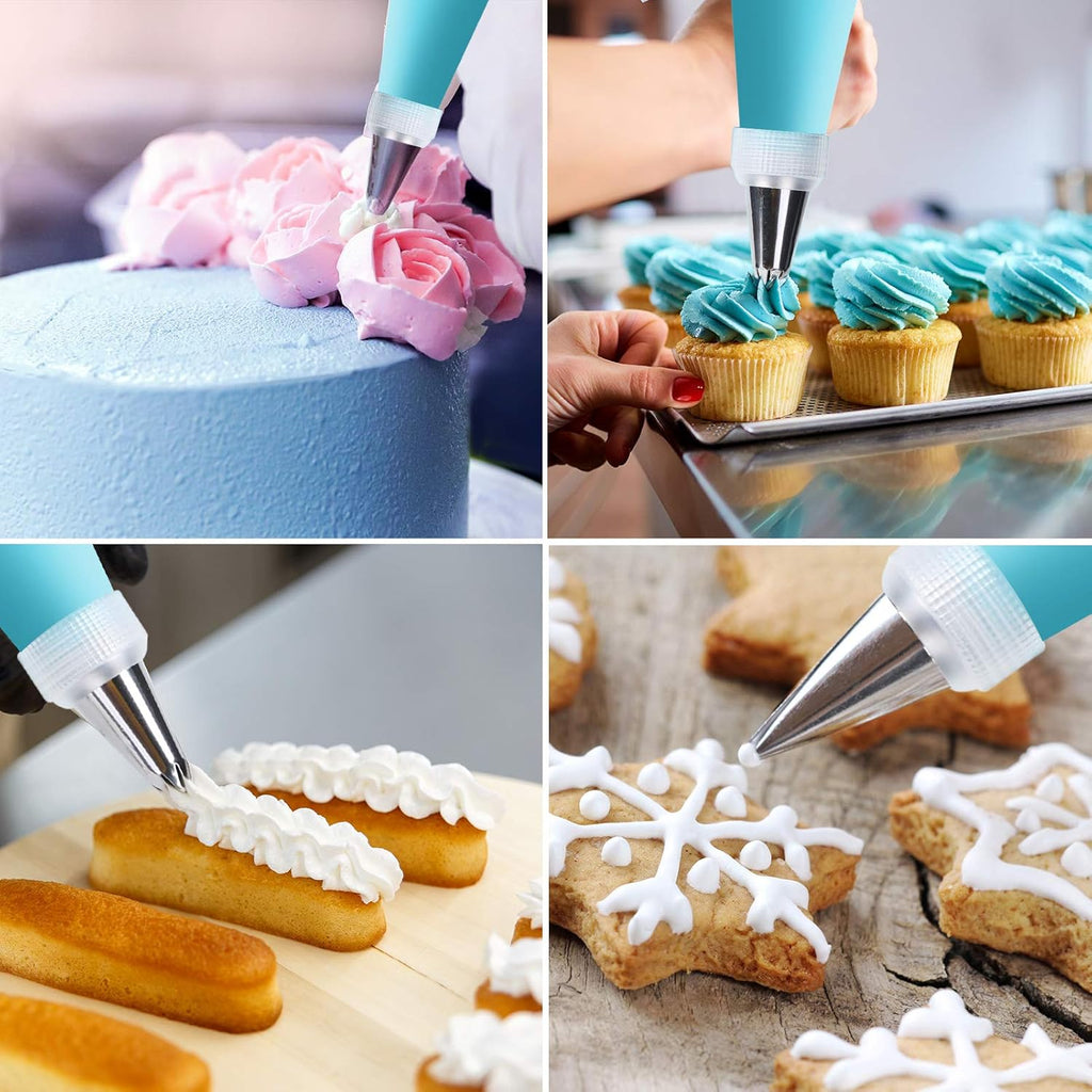 Skiennix 34-Piece Cake Decorating Set - 24 Stainless Steel Tips, 2 Silicone Bags & Icing Smoothers