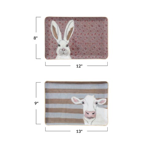 Creative Co-Op 2-Piece Enameled Metal Trays with Patterns, Animal Images and Gold Edges, Multicolor