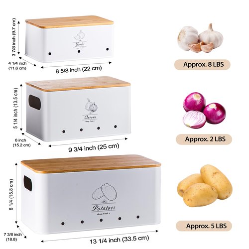 Tenforie Potato Onion and Garlic Storage Bin Set of 3, White Metal Kitchen Vegetable Canisters with Bamboo Lid and Aerating Holes, Stackable Kitchen Storage Tin for Countertop Pantry