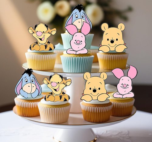 48Pcs Classic Winnie Cupcake Toppers - Baby Shower and Birthday Party Cake Decorations, Party Supplies