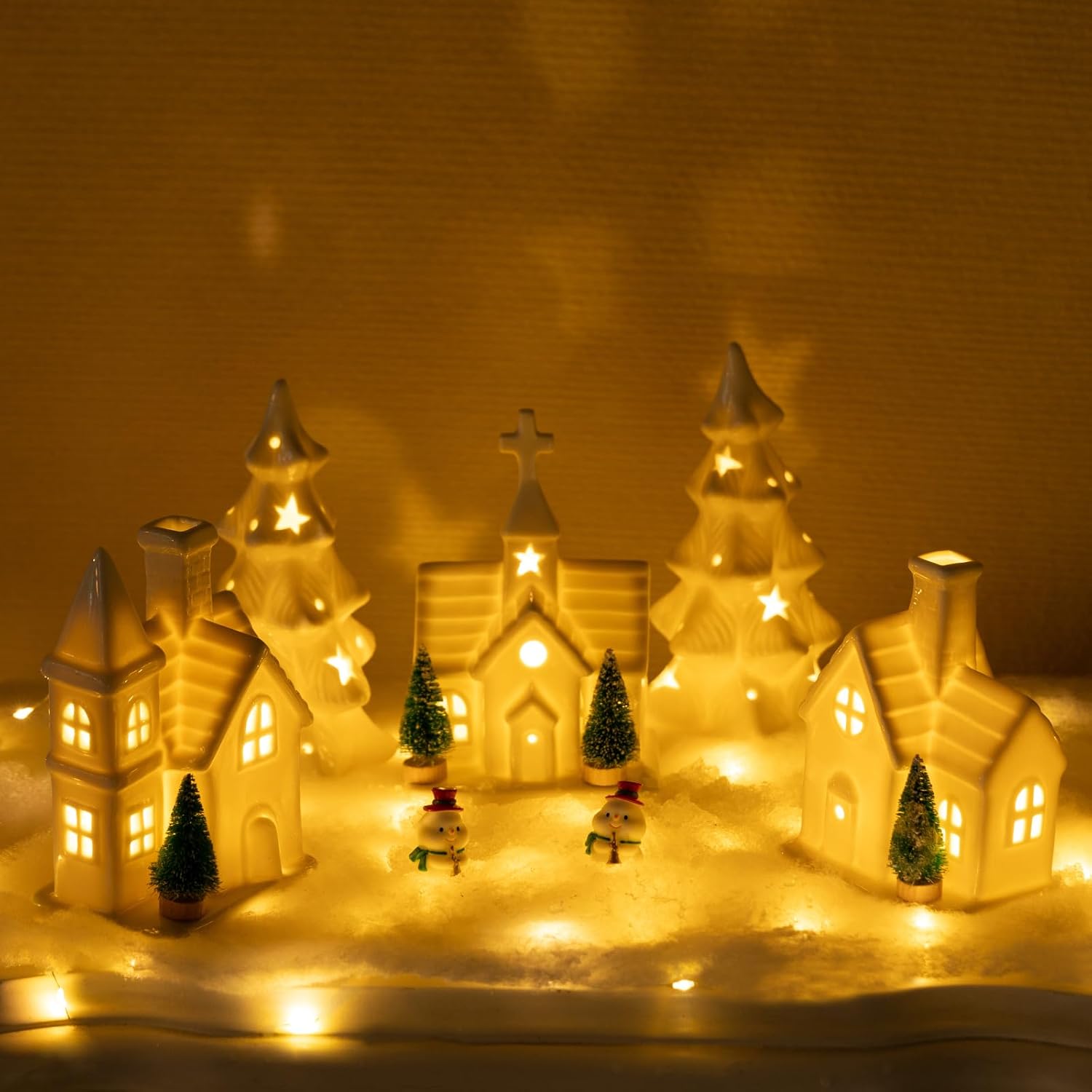 Skiennix Christmas Village Set - 11 Pcs Ceramic Decor with 3 Lighted Houses & Trees | Festive Tabletop Display