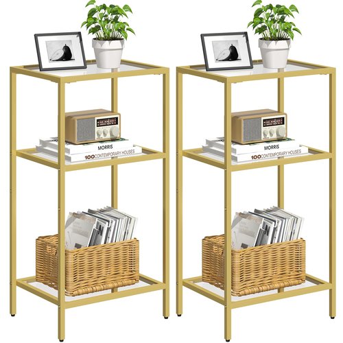 Draelibor Side Tables Set of 2, Tempered Glass End Table with Metal Frame, 3-Tier Small Nightstands with Storage Shelves,Tall Table Stand for Home Decor, Living Room, Bedroom, Office, Gold（2 Pack）