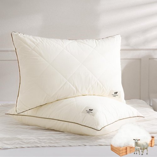 YOUR MOON Organic Wool Pillow Queen Size Set of 2, Natural Wool & Down Alternative Filling, Luxury Hotel Quality Pillows, Soft Support Bed Pillows for Sleeping, 100% Cotton Cover (Off White)