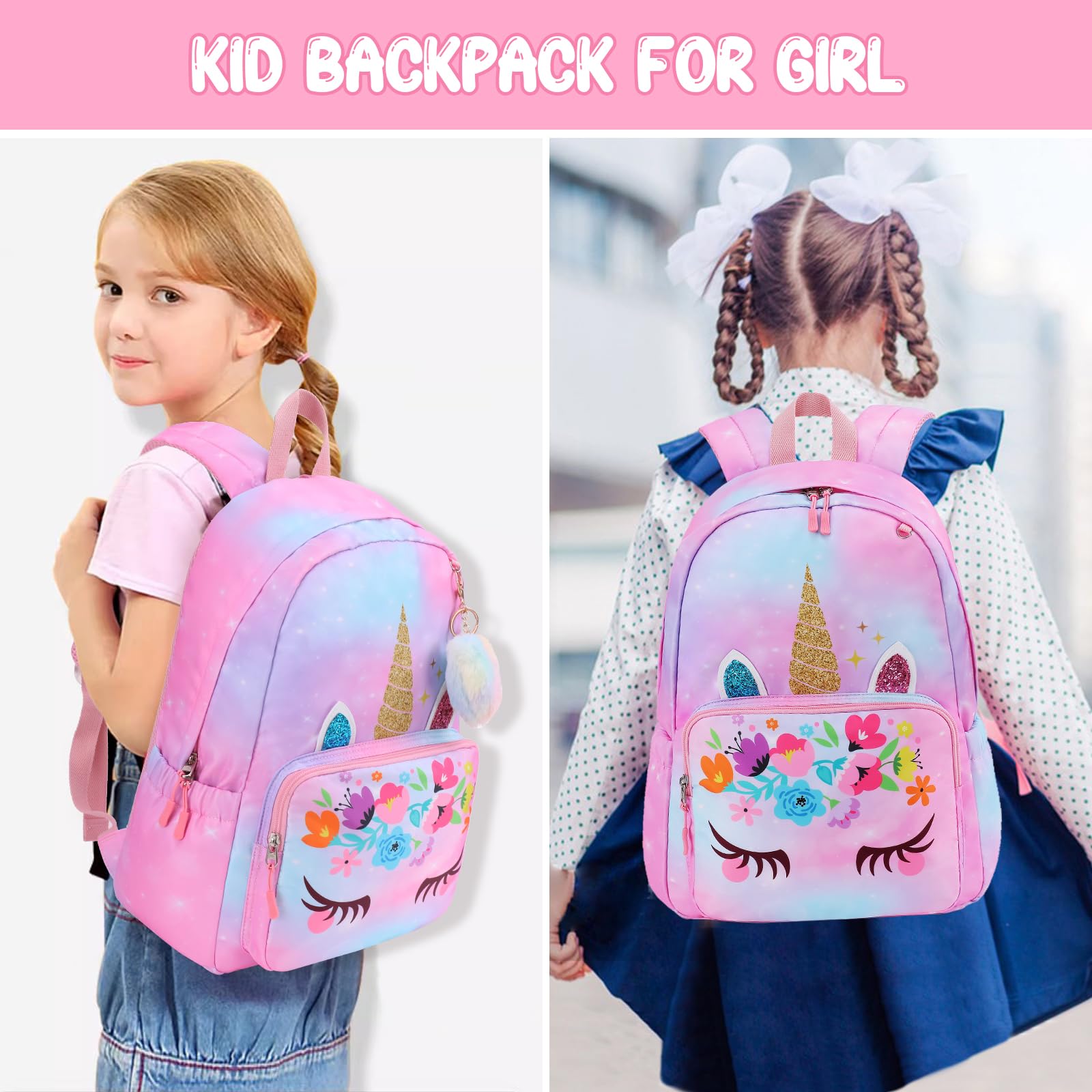 Unineovo Backpack for Girls, Kids Unicorn Backpacks, Preschool Kindergarten School Bookbag, Toddler Little Girls Backpack, Cute Bag for Elementary Back to School with Love Decoration
