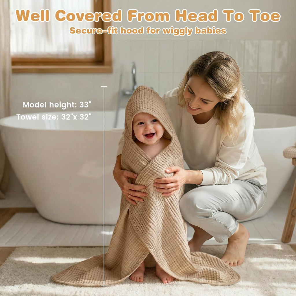 Skiennix Hooded Baby Bath Towels - 100% Muslin Cotton, Soft & Absorbent, 2 Pack, 32x32 Inch