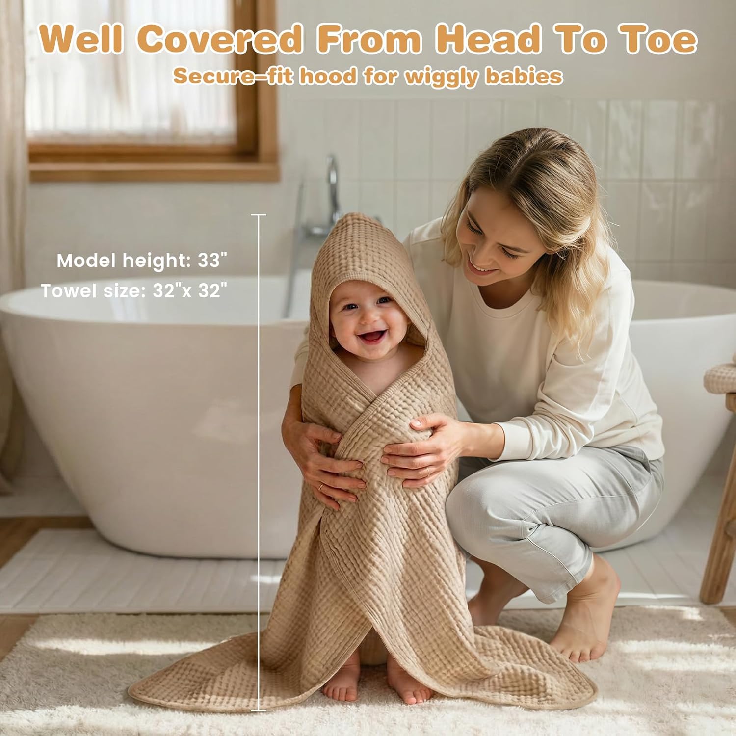 Skiennix Hooded Baby Bath Towels - 100% Muslin Cotton, Soft & Absorbent, 2 Pack, 32x32 Inch