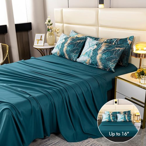 PERFEMET 6-Piece Bed in A Bag Queen Set Aqua Gold Watercolor Marble Comforters with Sheet Soft Luxury Retro Artwork Green Tie Dye Bedding Comforter Set(Aqua, Queen)