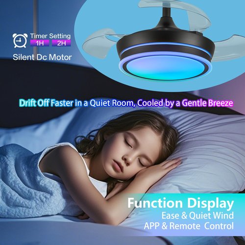 Zynfandor 30" RGB Retractable Fandelier Ceiling Fan Dimmable Chandelier Ceiling Fans with Lights and Remote APP Control for Living Dinning Room Bedroom Black