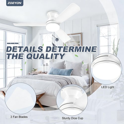 ZOEYON Ceiling Fans with Lights - 42 Inch Low Profile Ceiling Fan with Light and Remote Control, Reversible, 3CCT Dimmable, Noiseless, White Small Flush Mount Ceiling Fan for Bedroom Indoor/Outdoor