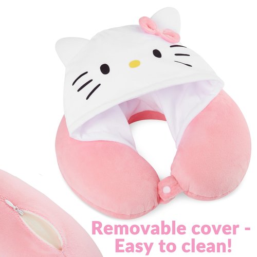 Hello Kitty Girls Teens Travel Pillow with Hood, Memory Foam Cushion Travel Accessories Flight Pillow Neck & Head Support