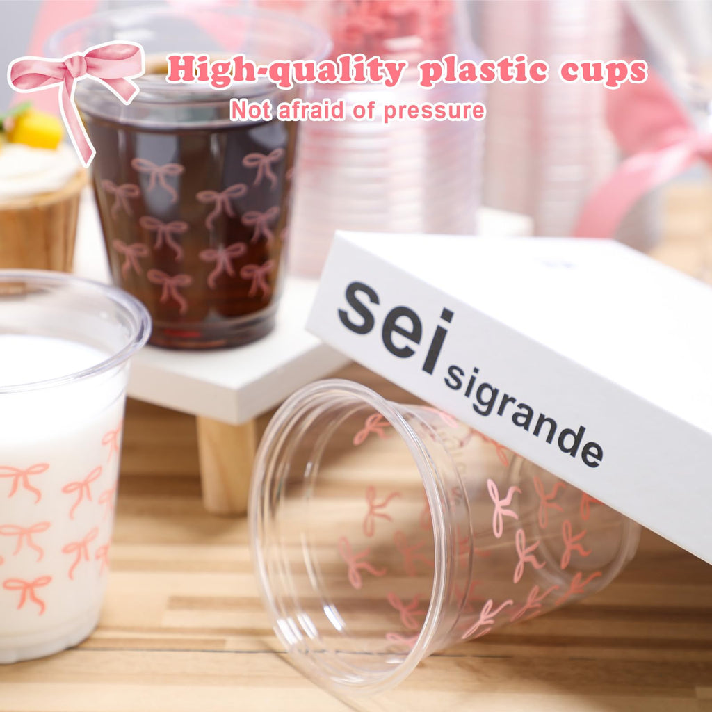 Yuxung 50 Pcs Pink Bow Snack Cups 12 oz Bow Plastic Cups Lovely Bowknot Tumbler for Just Wanna Be One Birthday Wedding Baby Shower Party Supplies