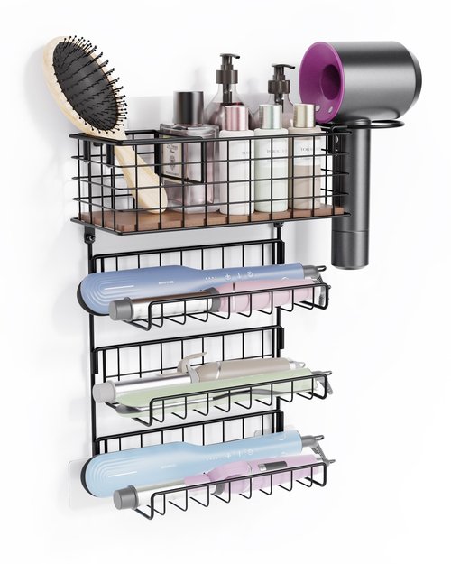 3 Tiers Hair Tool Organizer Wall Mounted, Holds 2 Curling Irons Per Shelf Heat-Resistant, Storage Basket for Hair Tools, Adhesive and Screw Mount for Hair Dryer Straightener in Bathroom Cabinet, Black